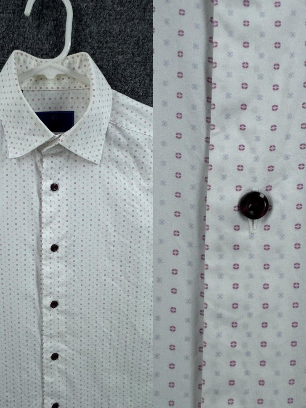 David Donahue Trim Men Geometric White Pink 15.5 34/35 Logo Button Up Business